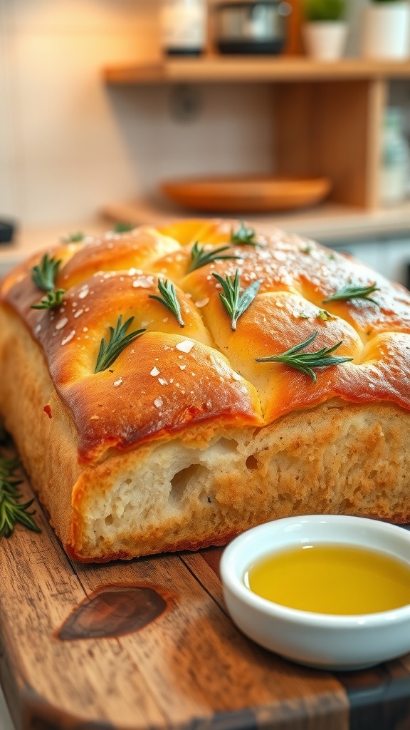 Golden focaccia bread topped with rosemary and sea salt on a wooden board with olive oil.